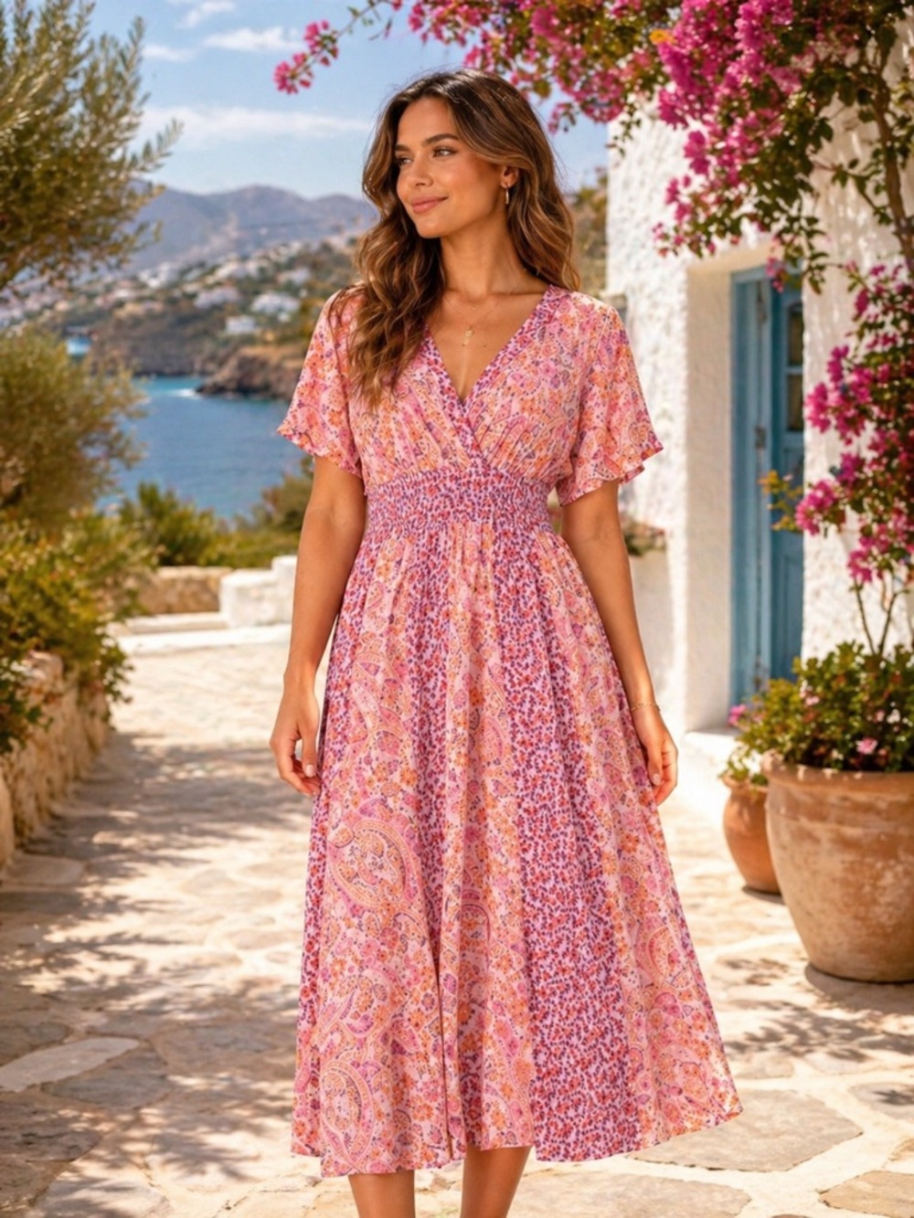 Lovestitch Pink Paisley Midi Dress | Smocked Waist Boho Cottagecore Festival